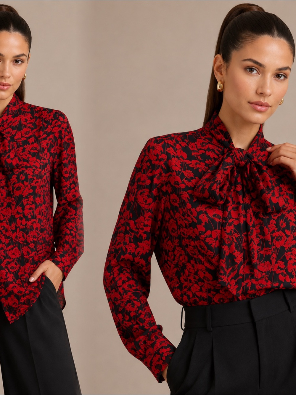 Who What Wear Red Floral Tie-Neck Blouse on Black